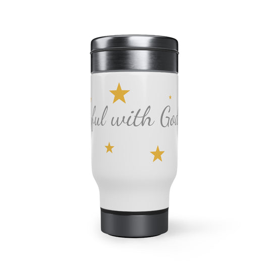 Joyful with God, Stainless Steel Travel Mug with Handle, 14oz